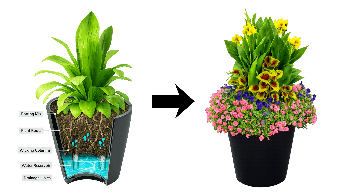 Self watering planter diagram with the parts of the self watering planter. Black arrow. 
Commercial self watering planter with large healthy plants. 